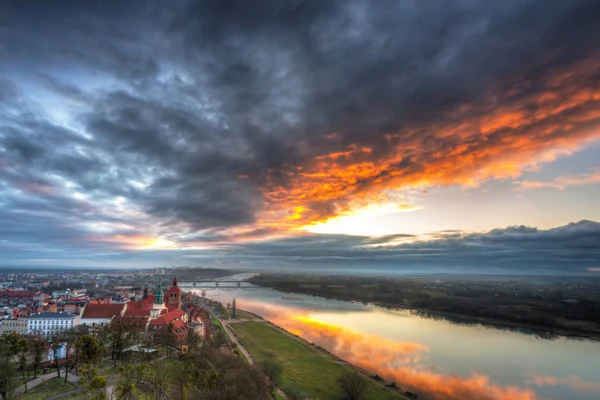 Panorama Města Grudziadz Věže Klimek Při Západu Slunce Polsko — Stock fotografie