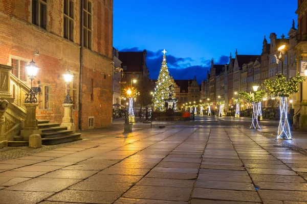 Gyönyörű Építészet Long Lane Gdansk Karácsonyi Ligths Hajnalban Lengyelország — Stock Fotó