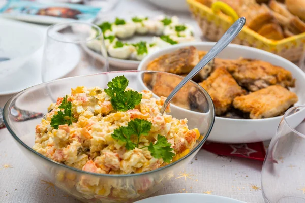 Christmas Dinner Table Vegetable Salad Traditional Fried Carp Fish — Stock Photo, Image