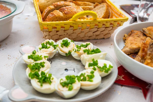 Christmas Dinner Table Traditional Eggs Mayonnaise — Stock Photo, Image