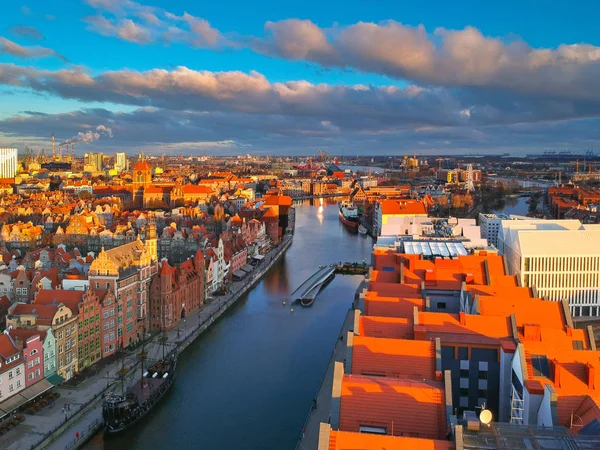 Aerial Scenery Old Town Gdansk Motlawa River Sunrise Poland — Stock Photo, Image