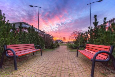 Gün doğumunda Pruszcz Gdanski 'de boş bankları olan cadde, Polonya