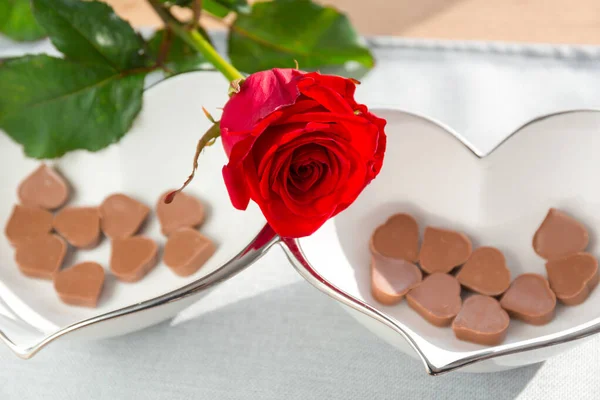 Rote Rose Und Schokoladenherzen Zum Valentinstag — Stockfoto