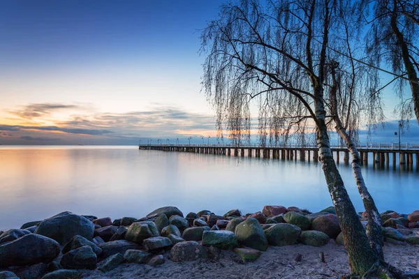 Krásná Krajina Dřevěným Mola Gdyni Orlowo Při Východu Slunce Polsko — Stock fotografie