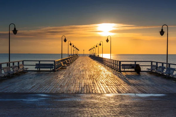 Beau Paysage Avec Jetée Bois Gdynia Orlowo Lever Soleil Pologne — Photo