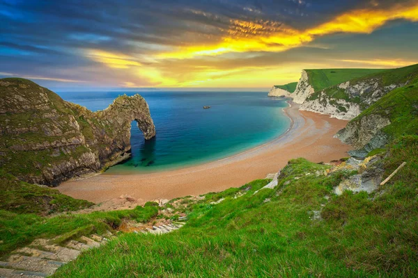 Durdle Door Praia Costa Jurássica Dorset Pôr Sol Reino Unido — Fotografia de Stock