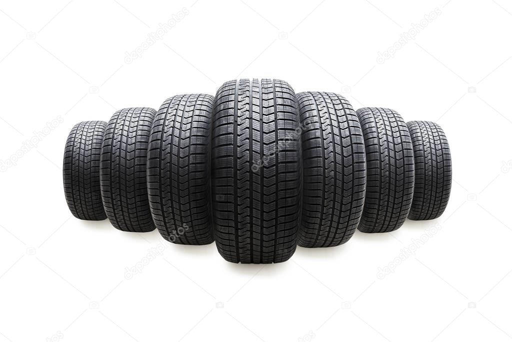 Line of car tires isolated on white background.