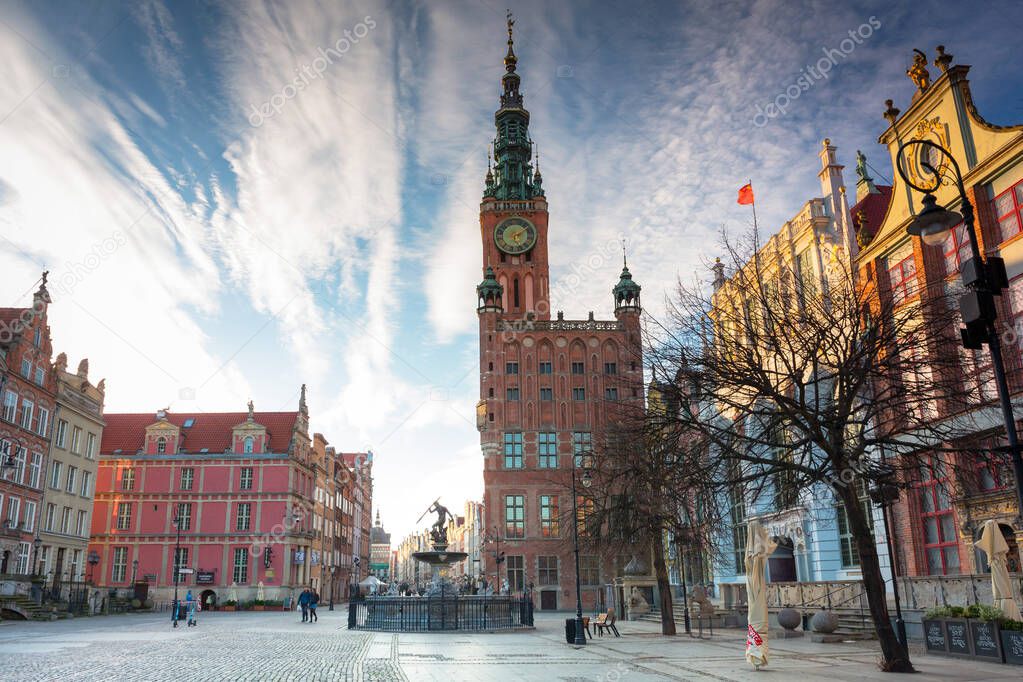 Gdansk, Poland - March 19, 2020: Nobody on the Long lane street in old town of Gdansk during a coronavirus epidemic at sunset.