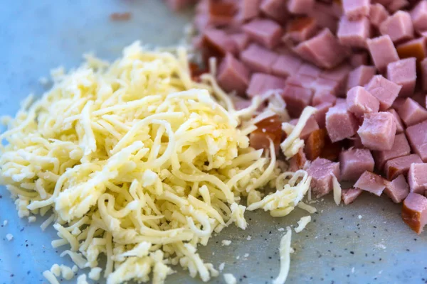 Grated Cheese Diced Ham Board Spaghetti Carbonara — Stock Photo, Image