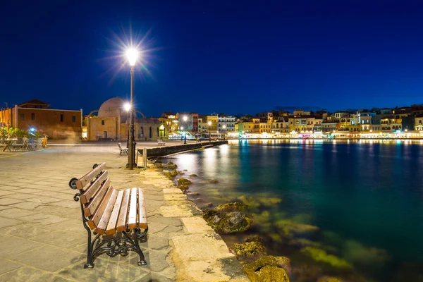 Banco Vazio Antigo Porto Veneziano Chania Creta Grécia — Fotografia de Stock