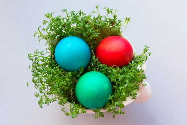 Painted Easter Eggs Bowl Cress — Stock Photo, Image