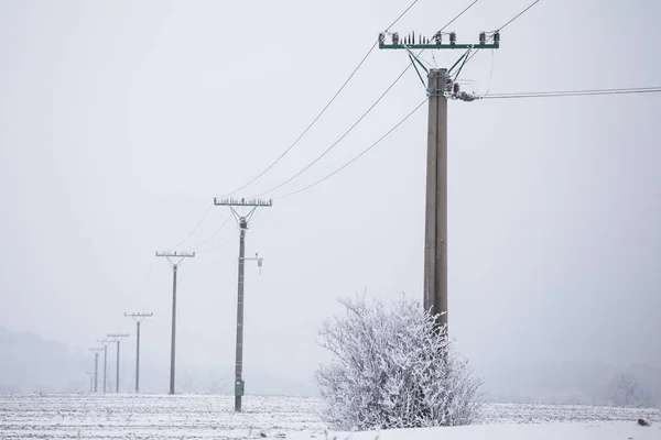 Ηλεκτρικές πυλώνες υψηλής τάσης καλώδια το χειμώνα καλύπτονται χιόνι και — Φωτογραφία Αρχείου