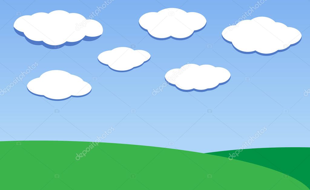 Vector illustration of nature - green meadow and cloud sky.