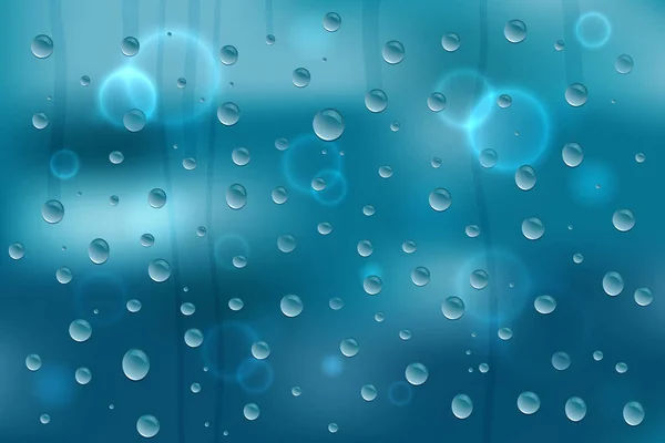 Water drops on glass and on blue background — Stock Photo, Image