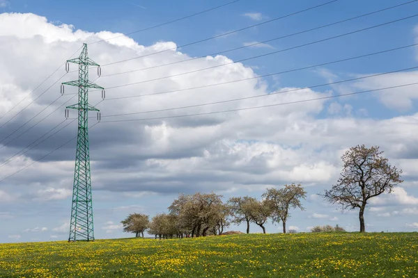 Hochspannungsleitungen über der Frühlingswiese. Strommasten — Stockfoto