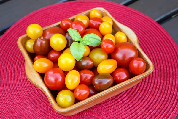 Διαφορετικά είδη ντομάτες σερβίρεται σε ένα πιάτο Τσεράμι σεναριογράφος. — Φωτογραφία Αρχείου
