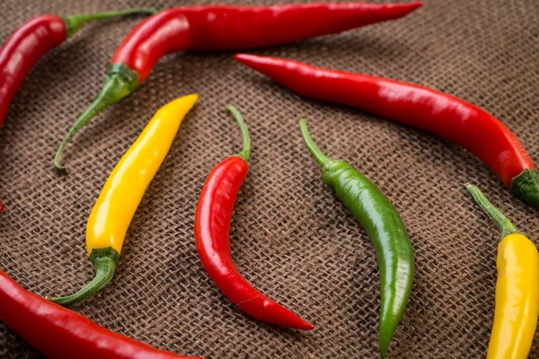 Fresh chili peppers - yellow, green and red chili pepper — Stock Photo, Image
