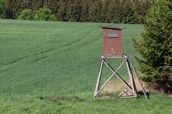 Torre di avvistamento in legno per la caccia nel bosco e sul prato — Foto Stock