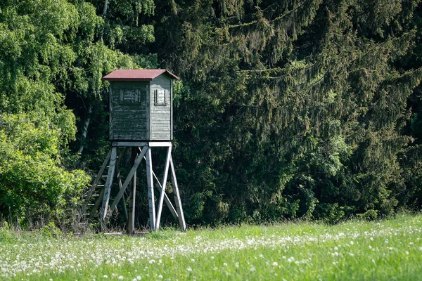 Houten uitkijktoren voor de jacht in het bos en op de weide — Stockfoto