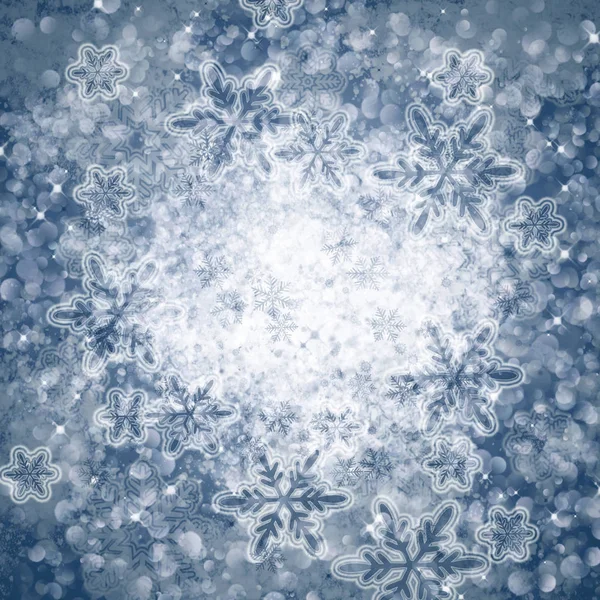 Fondo abstracto de invierno con luces bokeh, copos de nieve —  Fotos de Stock