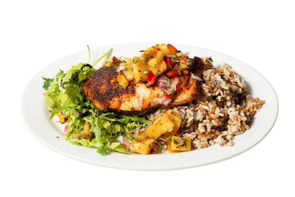 Ananas salsa roka ile karartılmış somon balzamik ve çok tahıllı pirinç.