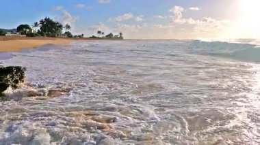 Oahu, Hawaii 'de, kimliği belirsiz bir adamla Sandy sahiline çarpan dalgalar.