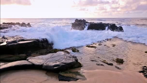 Olas rompiendo en rocas cerca de la playa de arena, Oahu, Hawaii — Vídeo de stock