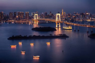 Japonya'da gece Tokyo Kulesi ve Gökkuşağı Köprüsü ile Tokyo silueti