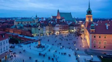 timelapse of aerial view of Castle Square of Old Town during blue hour, Warsaw, Poland