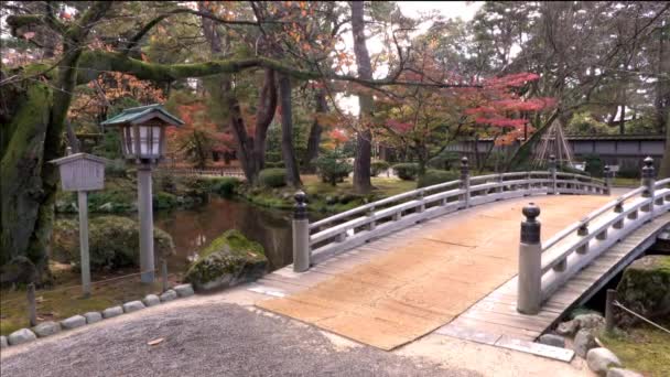 Momijigari sezonunda Kenrokuen bahçesi, Kanazawa şehri, Ishikawa bölgesi, Japonya — Stok video