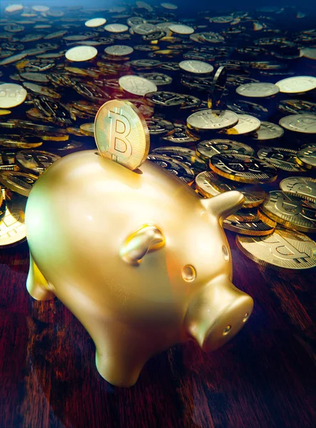 Spargris pennies, släppa en gyllene mynt bitcoin — Stockfoto