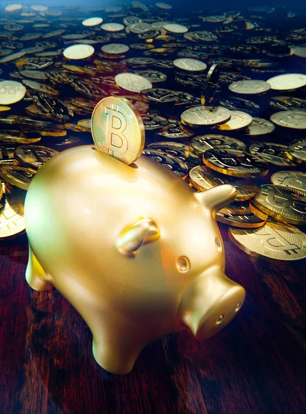 Piggy bank pennies, drop a golden coin bitcoin Stock Picture