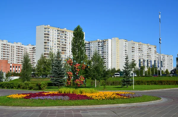 Moskva, Rusko-01,2016. Květinový hrnec s marigoldsem na Zelenogradské ulici — Stock fotografie