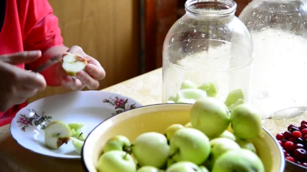 Jablka řezání žena na vaření konzervy kompot — Stock video