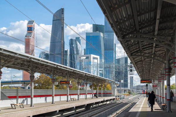 Moscow, Russia-October 01.2016. View of station Shelepiha Moscow central ring and skyscraper in Moscow City