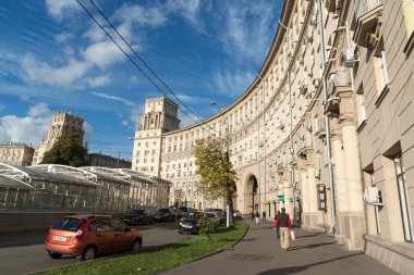 Moscow, Russia-October 01.2016. Famous historic houses Stalinist architecture on Leninsky Prospekt clipart