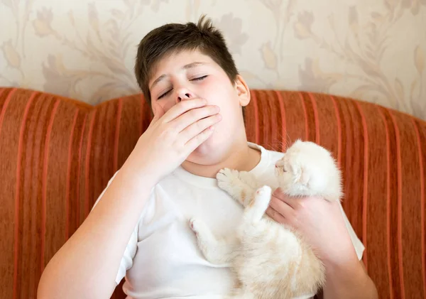 El chico es alérgico al gato. — Foto de Stock