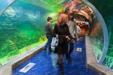 Moskova, Rusya - Aralık 10.2016. Krasnogorsk, sualtı tünel insanlar. Açılış günü