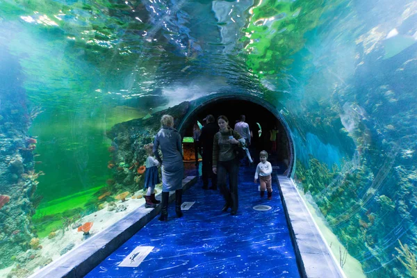 Moscow, Russia - December 10.2016. People in underwater tunnel in Krasnogorsk. the opening day — Stock Photo, Image