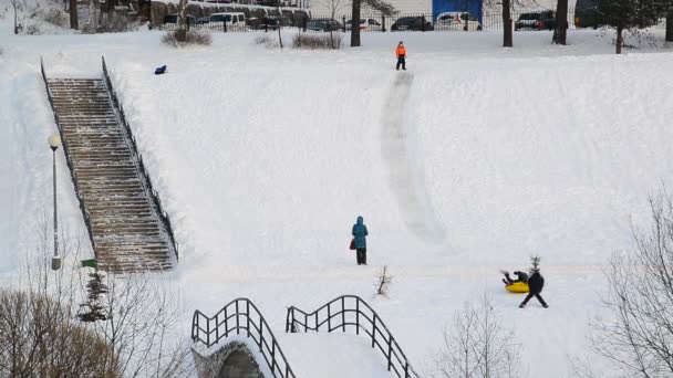 Moskva, Ryssland - December 19.2016. Barn glida ner på ice slide och mamma titta på — Stockvideo