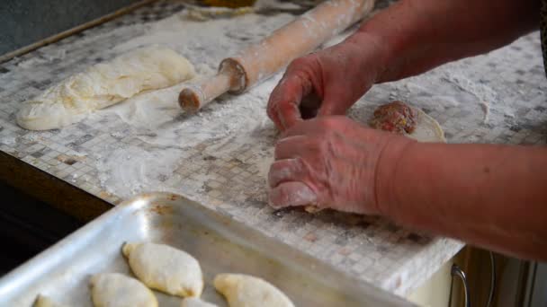 Mujer prepara pasteles con carne — Vídeos de Stock