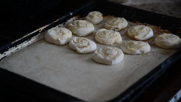 Abuela pone rollos de masa cruda en bandeja para hornear — Vídeos de Stock