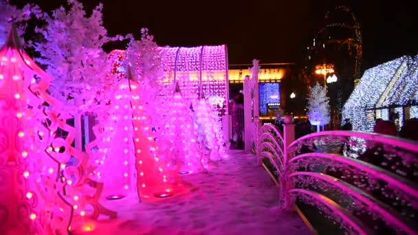 Moscú, Rusia - Diciembre 22.2016. Instalación del bosque musical en el festival Luz de Navidad en la Plaza Pushkin — Vídeo de stock
