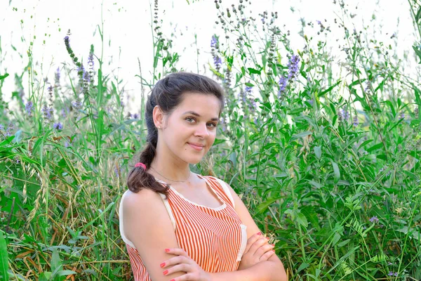 Retrato de menina russa em flores silvestres azuis — Fotografia de Stock