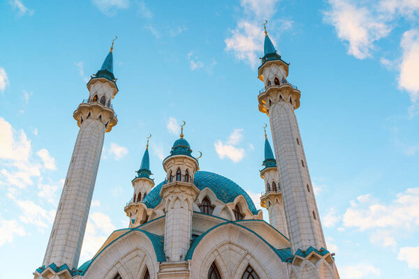 View of the minarets mosque Kul-Sharif at sunset. Russia, Tatarstan