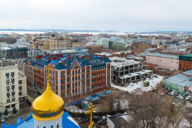 Kazan, Rusya Federasyonu - Mart 27.2017. Tarihi merkezi ve kubbe, Epiphany Katedrali üstten görünüm