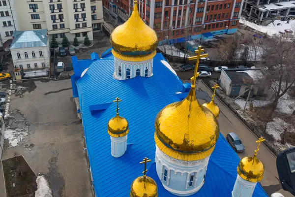 Kazan, Russia - March 27.2017. Top view of historical center And Dome of Epiphany Cathedral — Stock Photo, Image