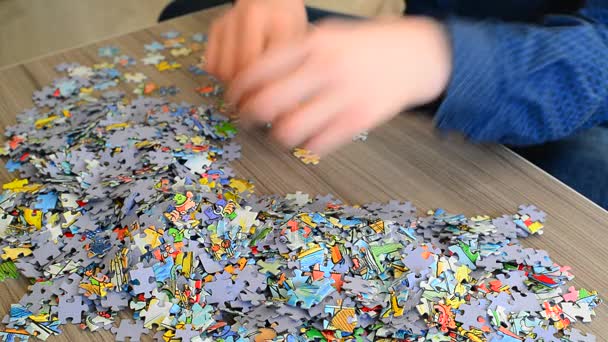 Nastolatek zbiera puzzle na stoliku kawowym. — Wideo stockowe