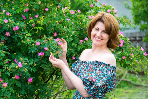 Donna sorridente in piedi vicino fioritura cane rosa — Foto Stock