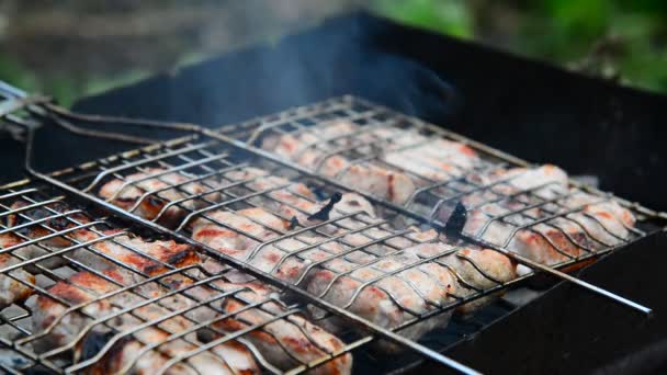 Grill av svinekjøtt stekt på grillen – stockvideo